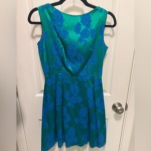 1960s Vintage Teal & Blue Floral Brocade Fit-and-Flare Cocktail Dress